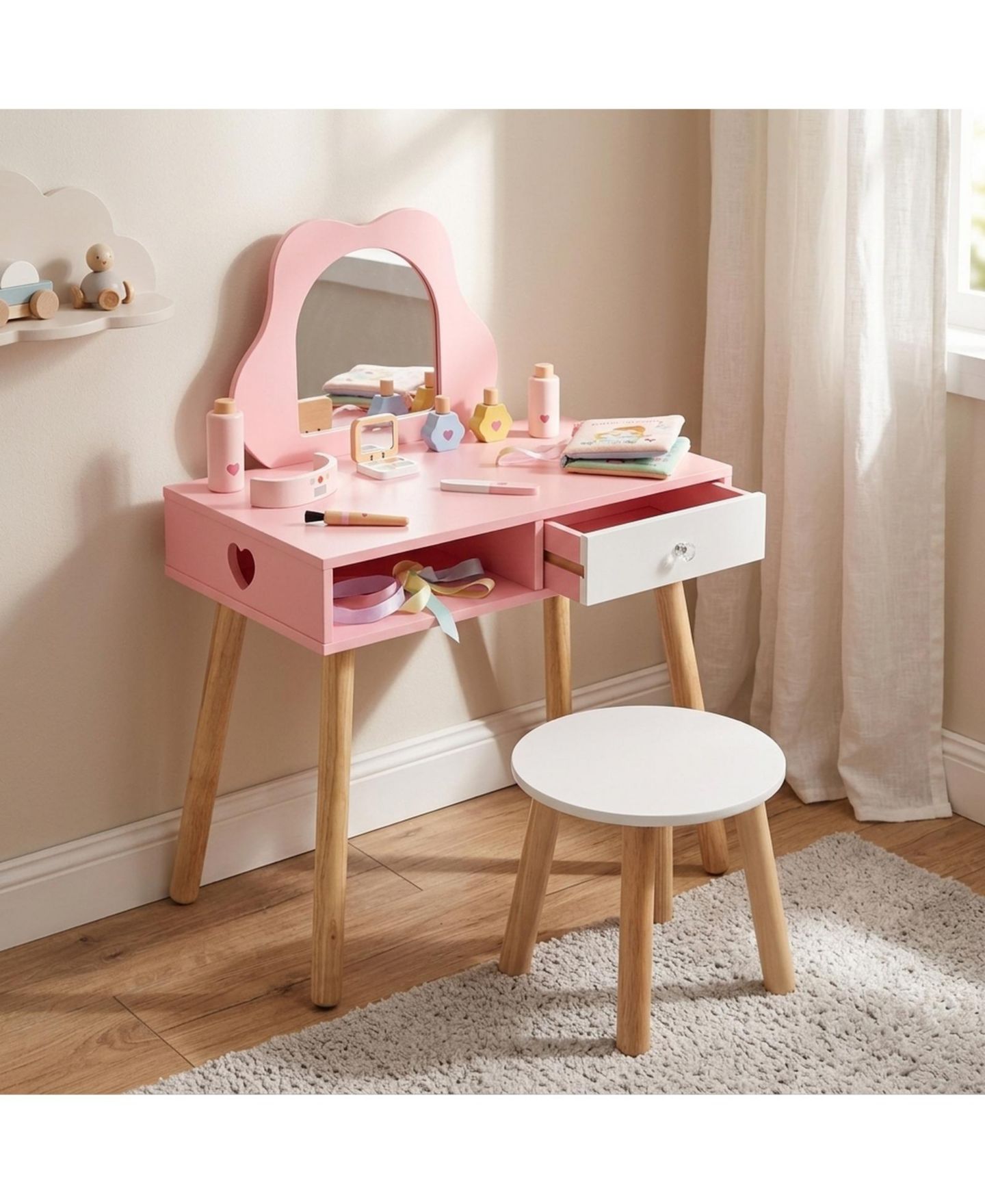Детские игрушки SUGIFT Pretend Nail Salon 2-in-1 3-Piece Table, Chair, and Stool Set, Ages 3-8, цвет: Розовый — фото 3