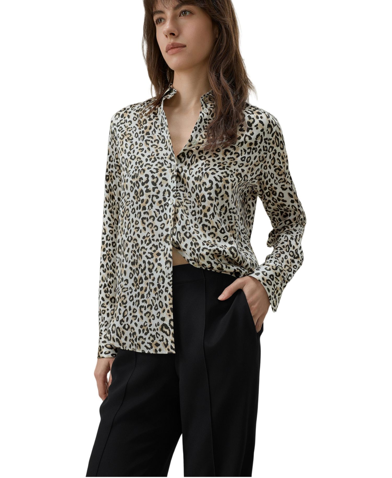 Women's Long-Sleeve Leopard-Print Silk Blouse