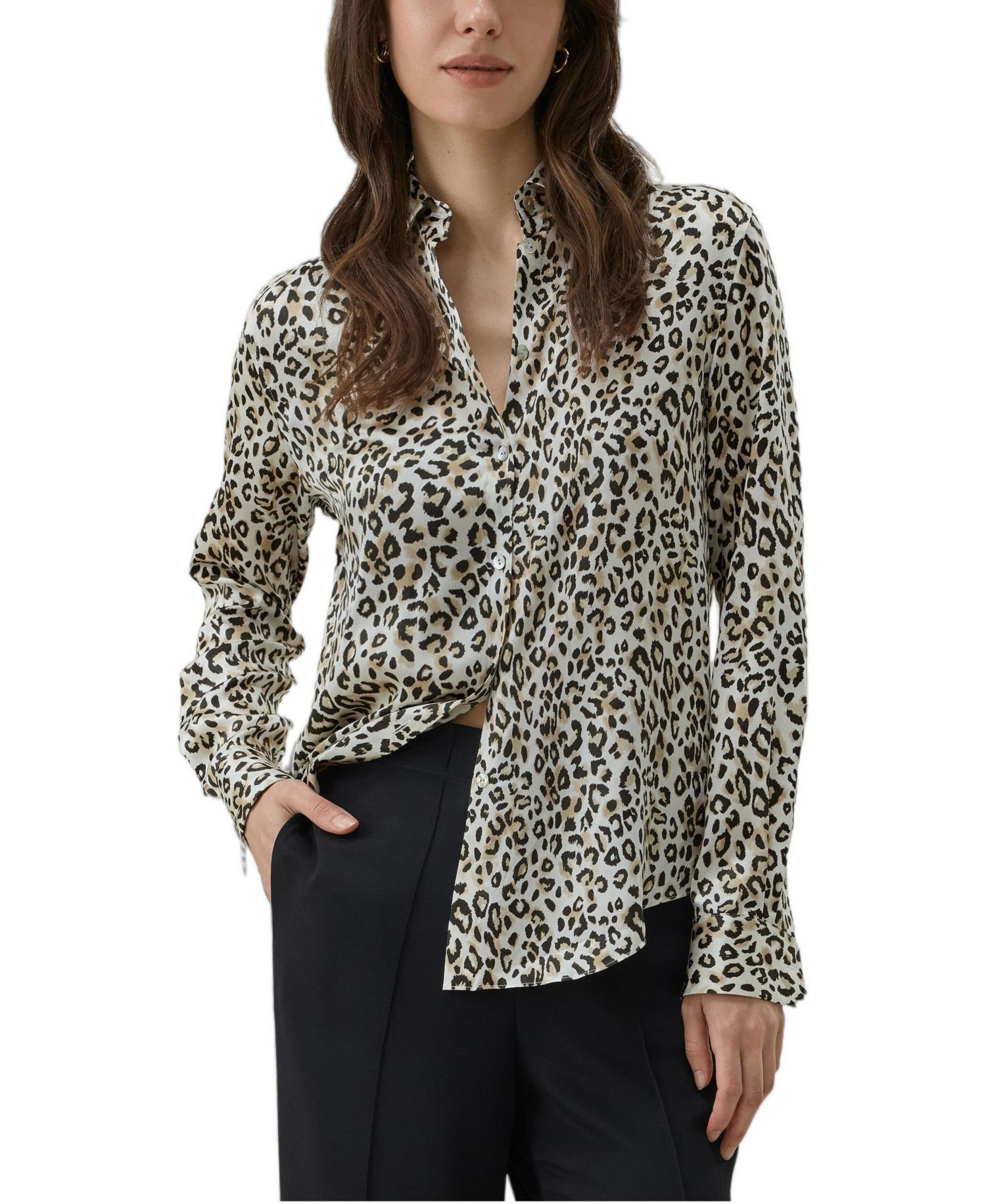 Women's Long-Sleeve Leopard-Print Silk Blouse