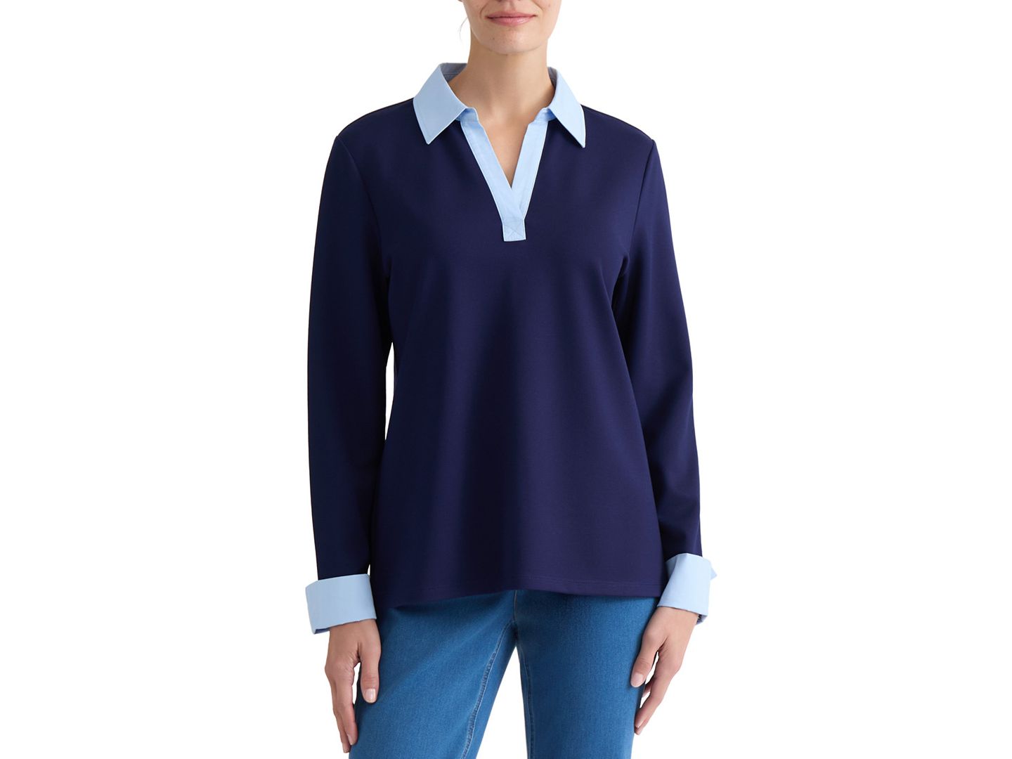 Женский топ Jones New York V-Neck Twofer, цвет: Тёмно-синий / Синий — фото 1