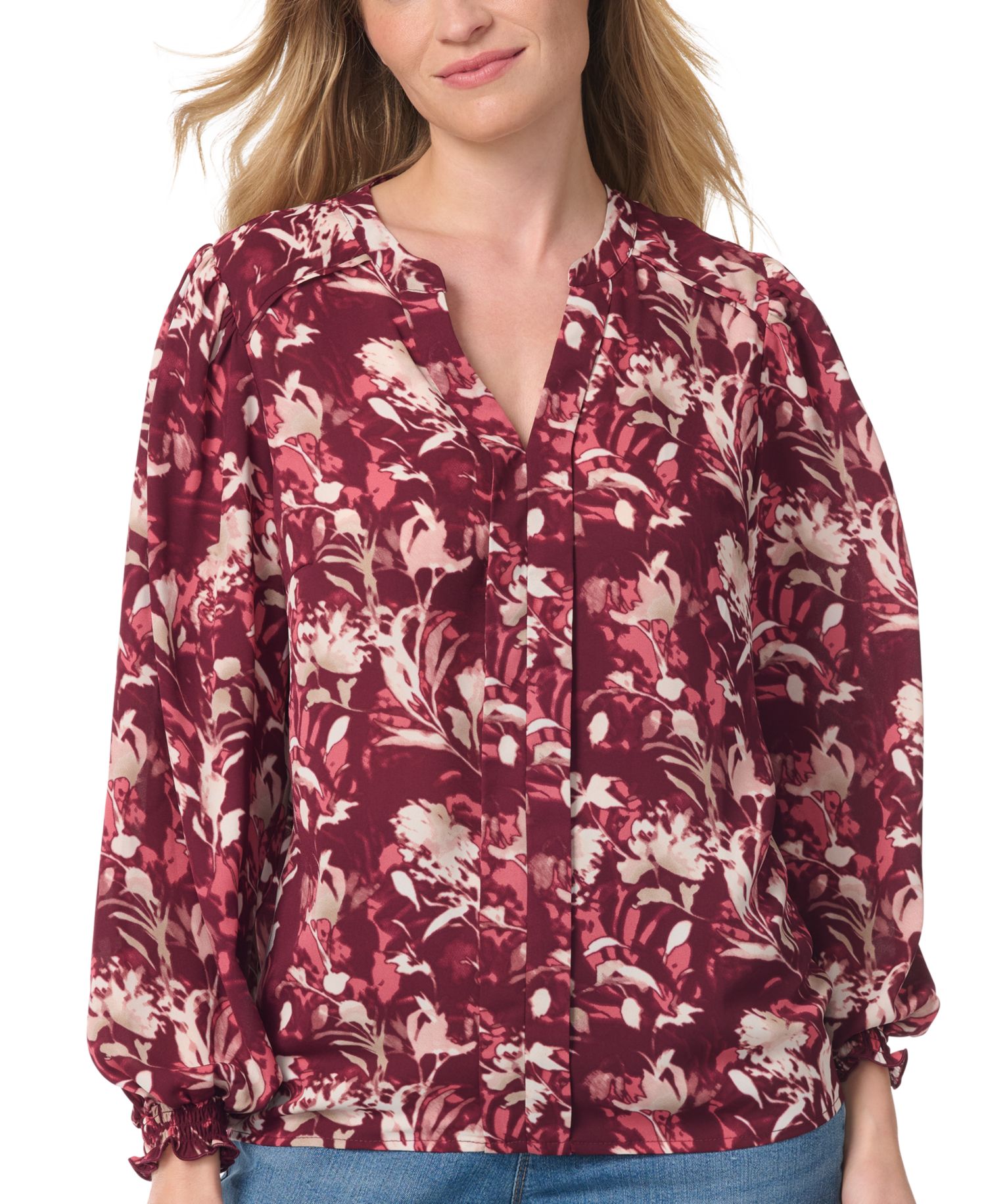Women's Long-Bishop-Sleeve Floral V-Neck Blouse