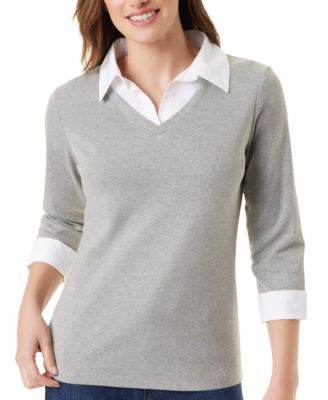 Women's Twofer Knit 3/4-Sleeve V-Neck Blouse