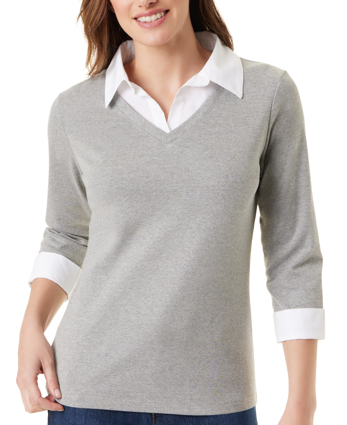 Gloria Vanderbilt Maxine Womens Layered Cotton Pullover Sweater In Heather Grey