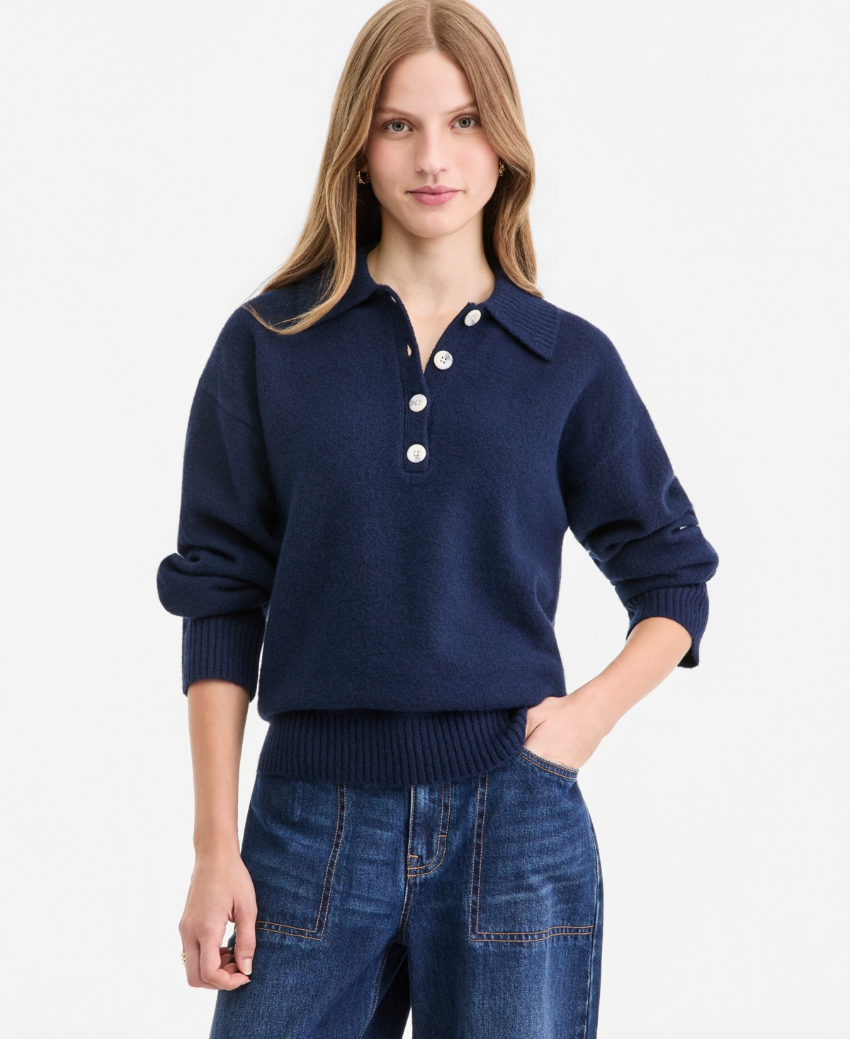 On 34th Women's Long-Sleeve Polo Sweater, Macy's Exclusive - Basic Navy