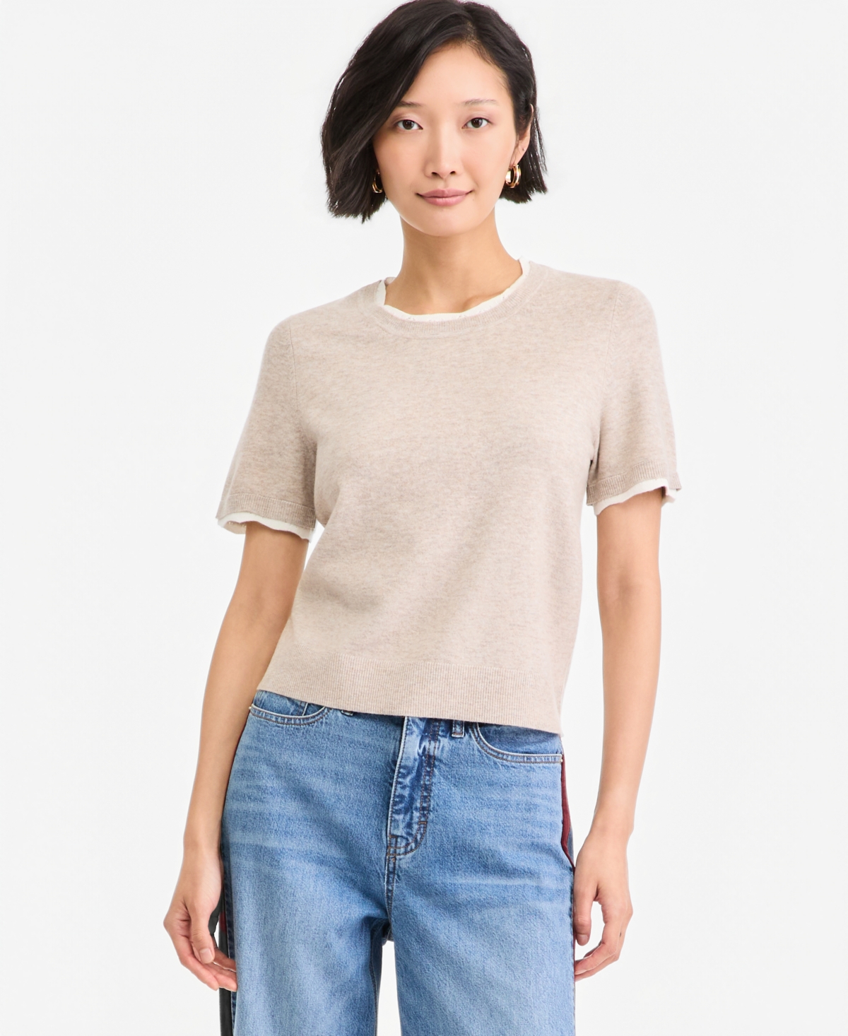 On 34th Women's Short-Sleeve Scallop-Trim Sweater, Macy's Exclusive - Almond Cream Heather