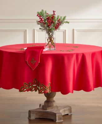 Holiday Holly Leaf Cutwork Scalloped Hem Tablecloth, 70" x 70"