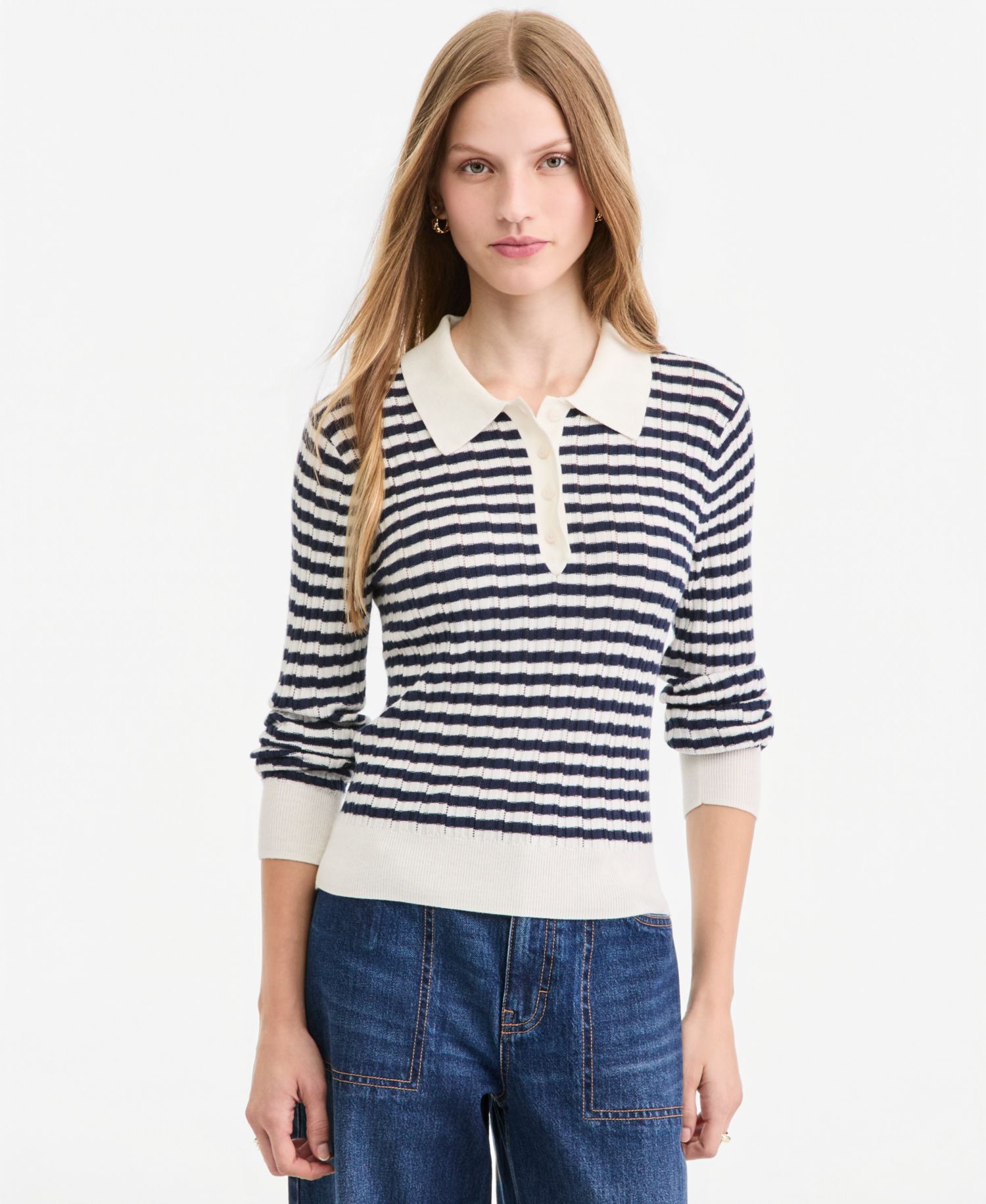 Women's Lightweight Long Sleeve Ribbed Polo Sweater
