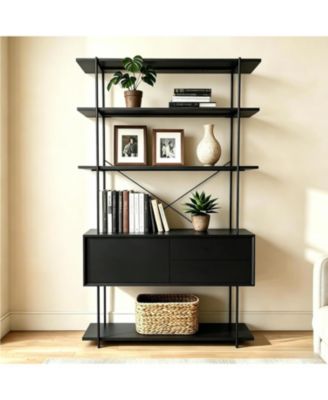 5-Tier Industrial Bookshelf with Cabinet, Rustic Wood and Metal Bookcase for Home Office Living Room