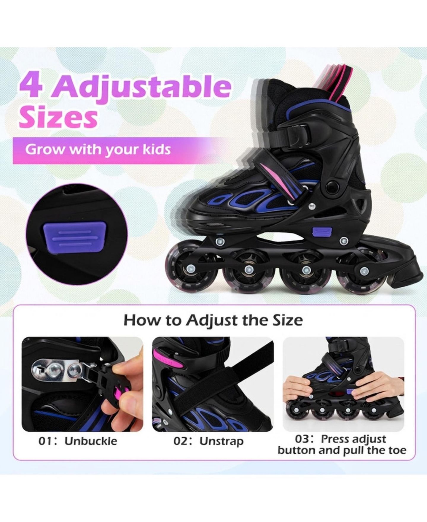 Детские игрушки HONGGE 4-Size Adjustable Light-Up Wheel Inline Skates, Ages 7+, цвет: Фиолетовый / Чёрный — фото 6