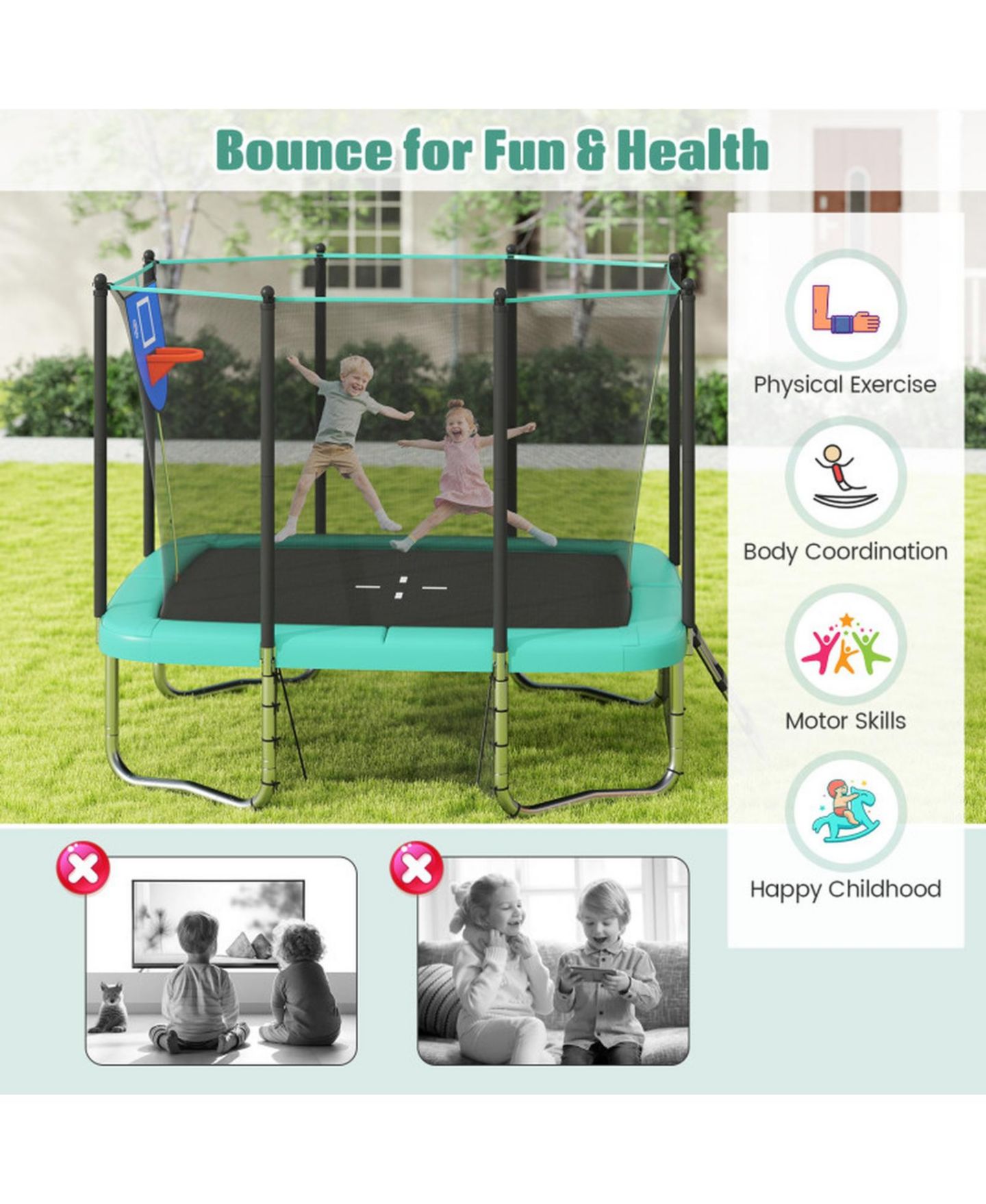 Детская игрушка HONGGE Rectangle 10 x 8 Trampoline with Basketball Hoop and Soccer Goal, Ages 3+, цвет: Зелёный — фото 5