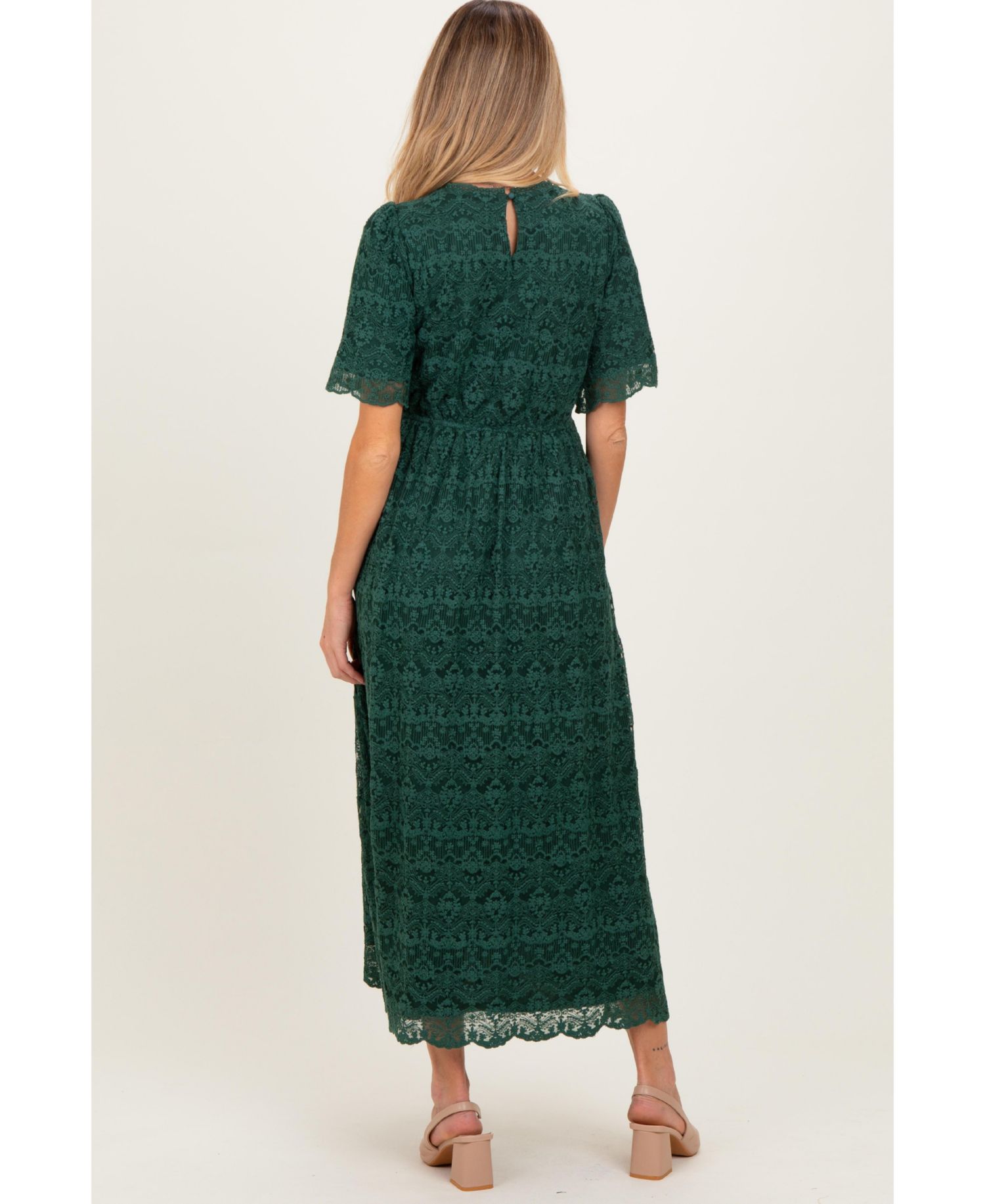 Maternity Floral Flutter-Sleeve Midi Lace Dress
