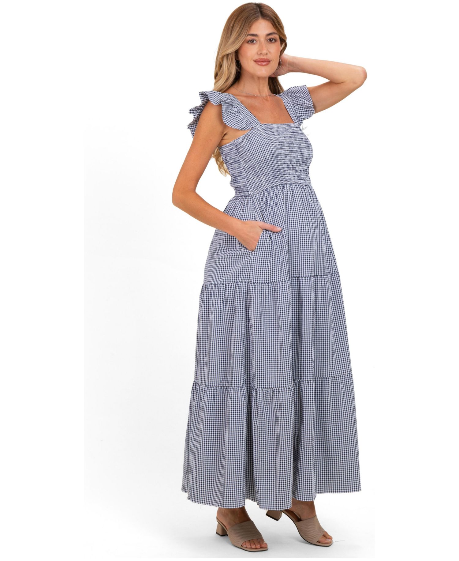 Maternity Gingham Smocked Maxi Dress