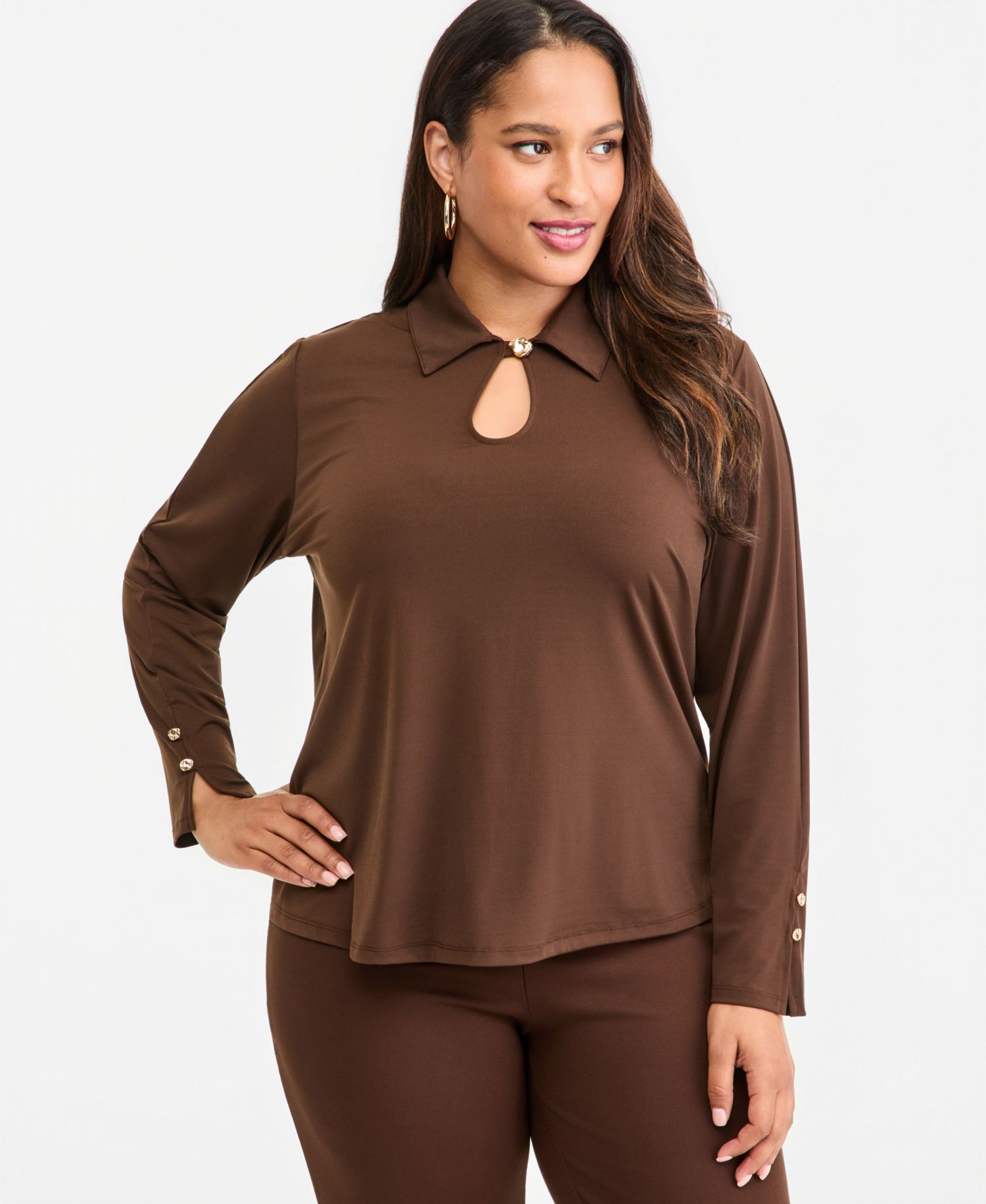 Plus Size Long-Sleeve Collared Keyhole Hardware Blouse