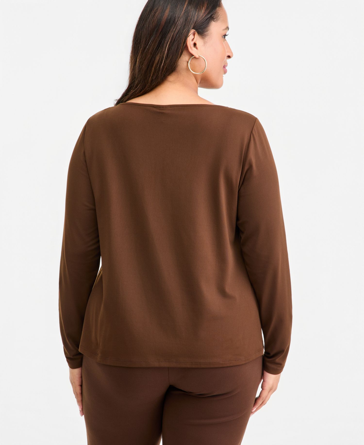Plus Size Hardware Scoop Neck Long-Sleeve Blouse