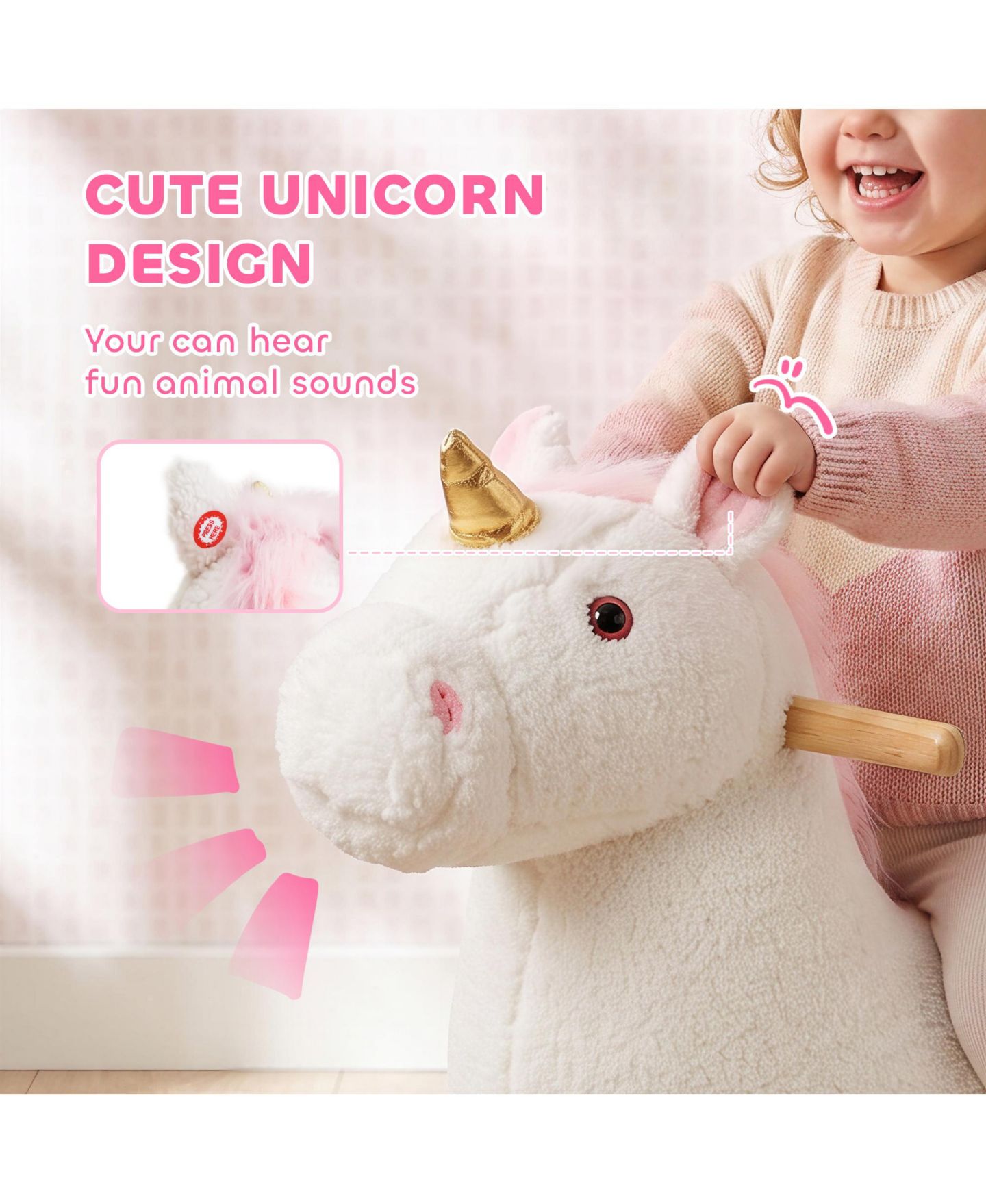Детская игрушка Qaba Unicorn Baby Rocking Horse with Realistic Sound, 55 lb. Capacity, Ages 1+, цвет: Белый — фото 5