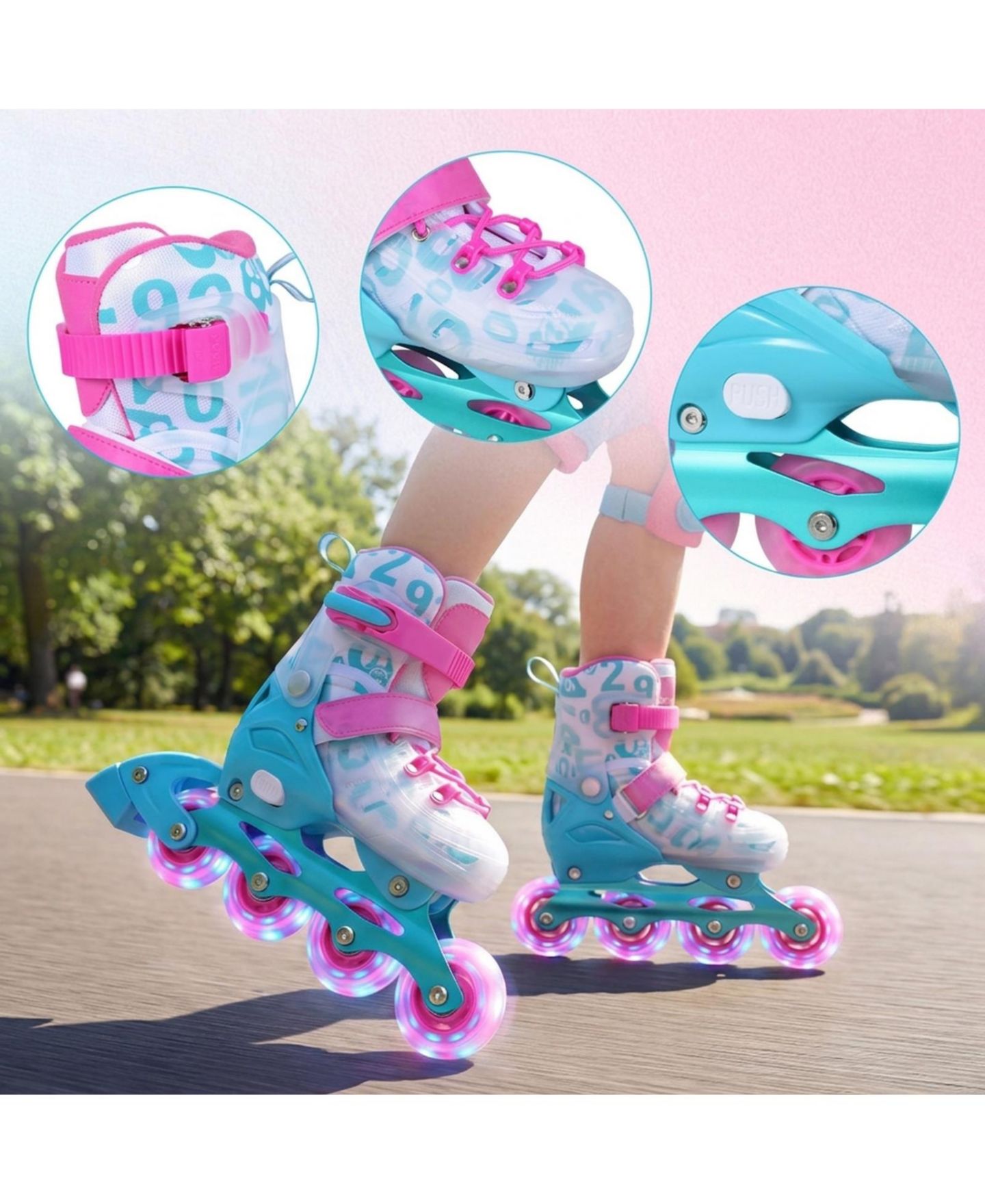 Детские игрушки HONGGE 4-Size Adjustable Inline Skates with Light-Up Wheels, Ages 7-9, цвет: Синий / Розовый — фото 4