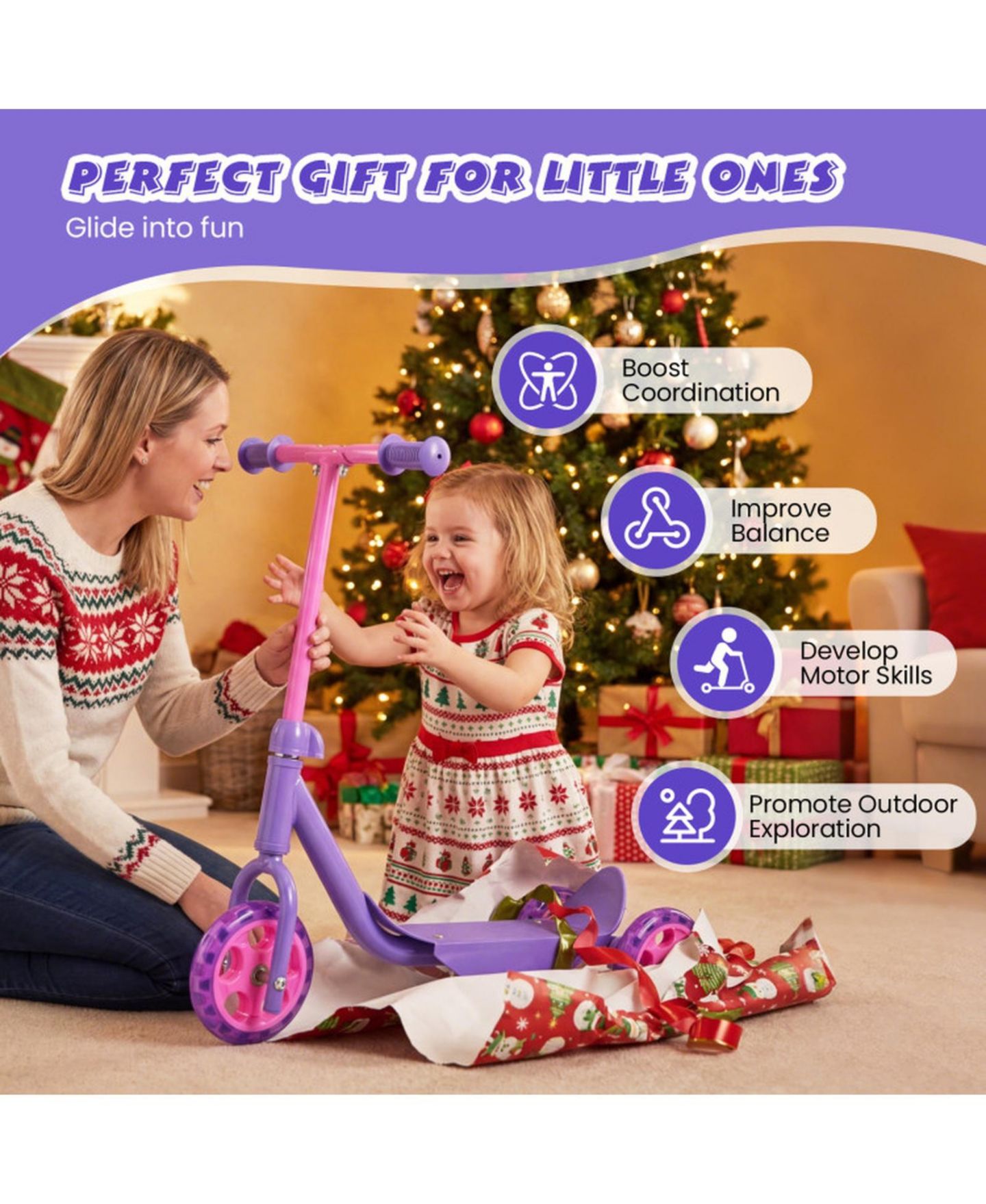 Детская игрушка HONGGE 3-Wheel Kids Scooter with LED Light-Up Wheels, Ages 2+, цвет: Фиолетовый — фото 5