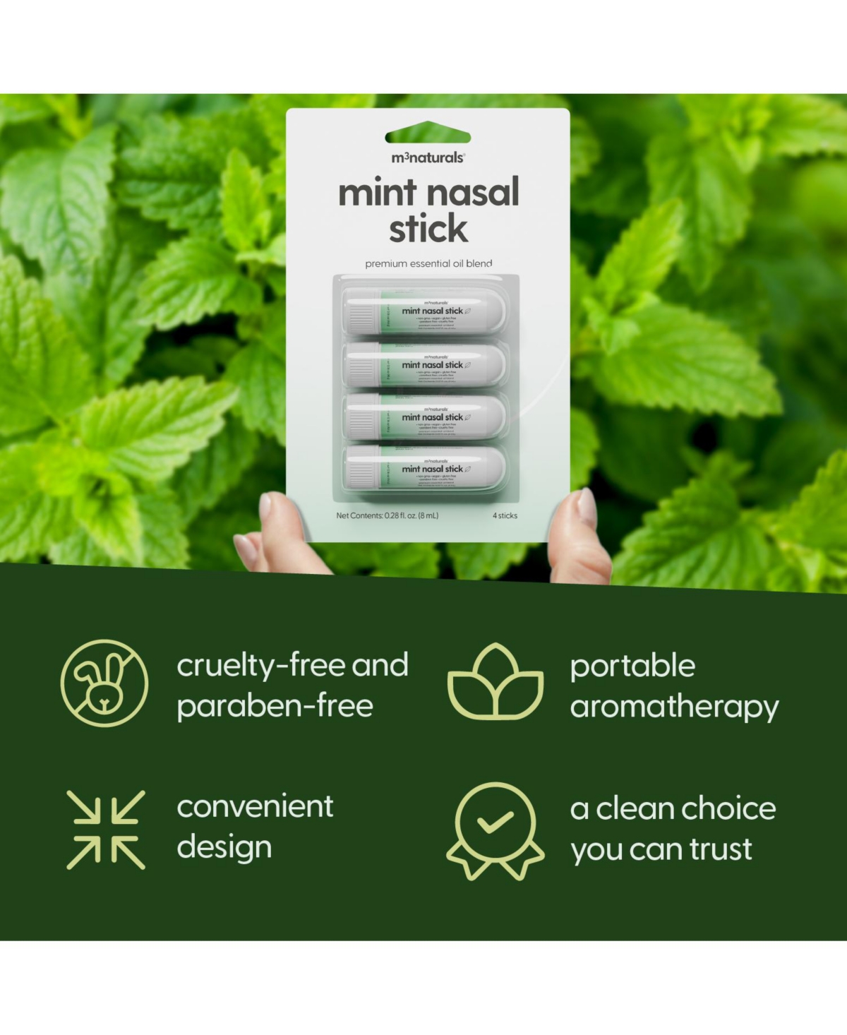 M3 Naturals Mint and Eucalyptus Nasal Inhaler Stick 4-Pack, Essential Oil Aromatherapy Vapor Stick, Portable Non-Medicated