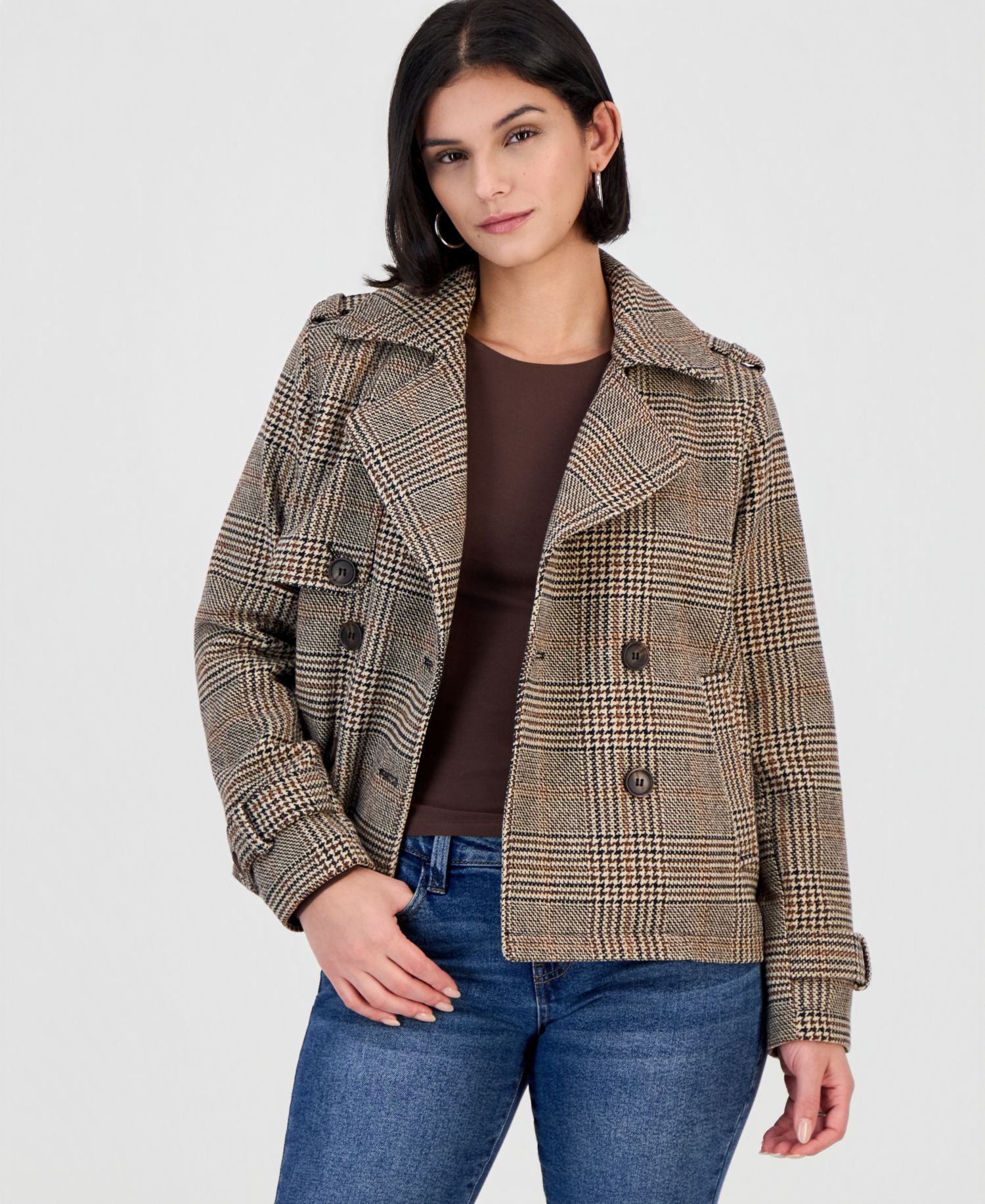 Juniors' Double-Breasted Plaid Notch-Collar Pea Coat