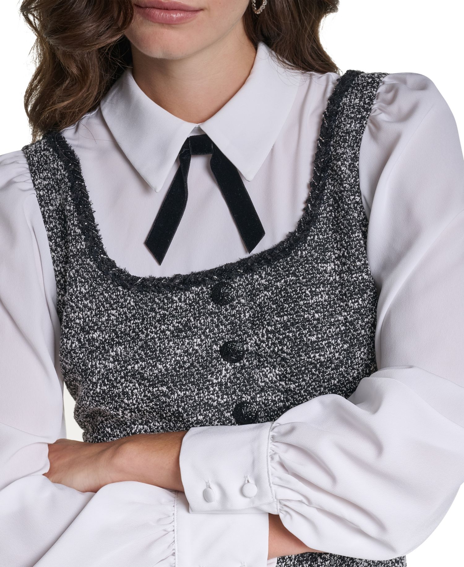 Women's Two-Tone Tweed Collared Long-Sleeve Shift Dress