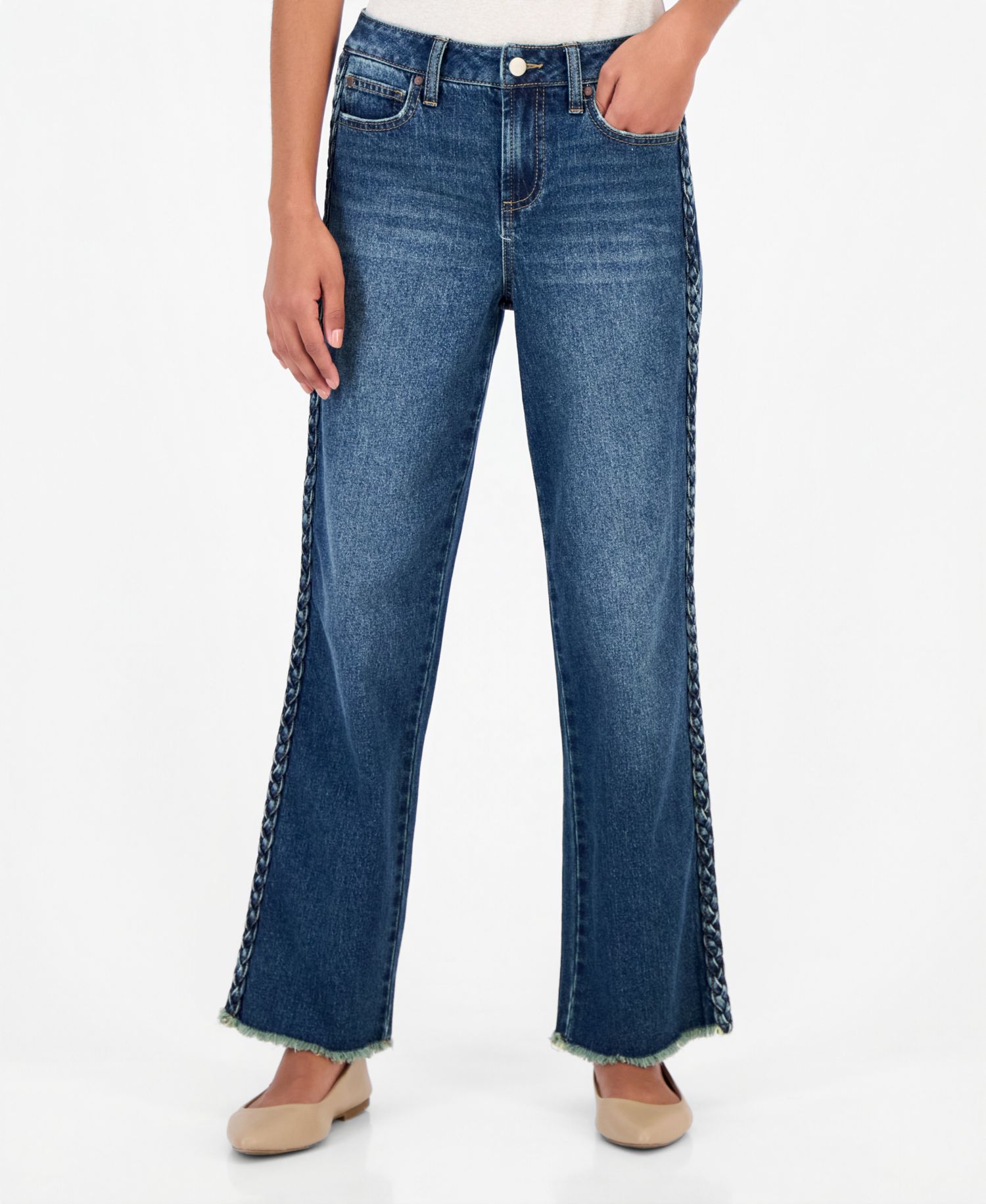 Petite Side-Braid Straight-Leg Jeans