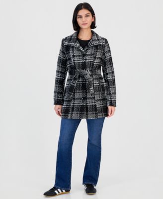 Juniors' Plaid Single-Breasted Belted Faux-Leather Trim Coat