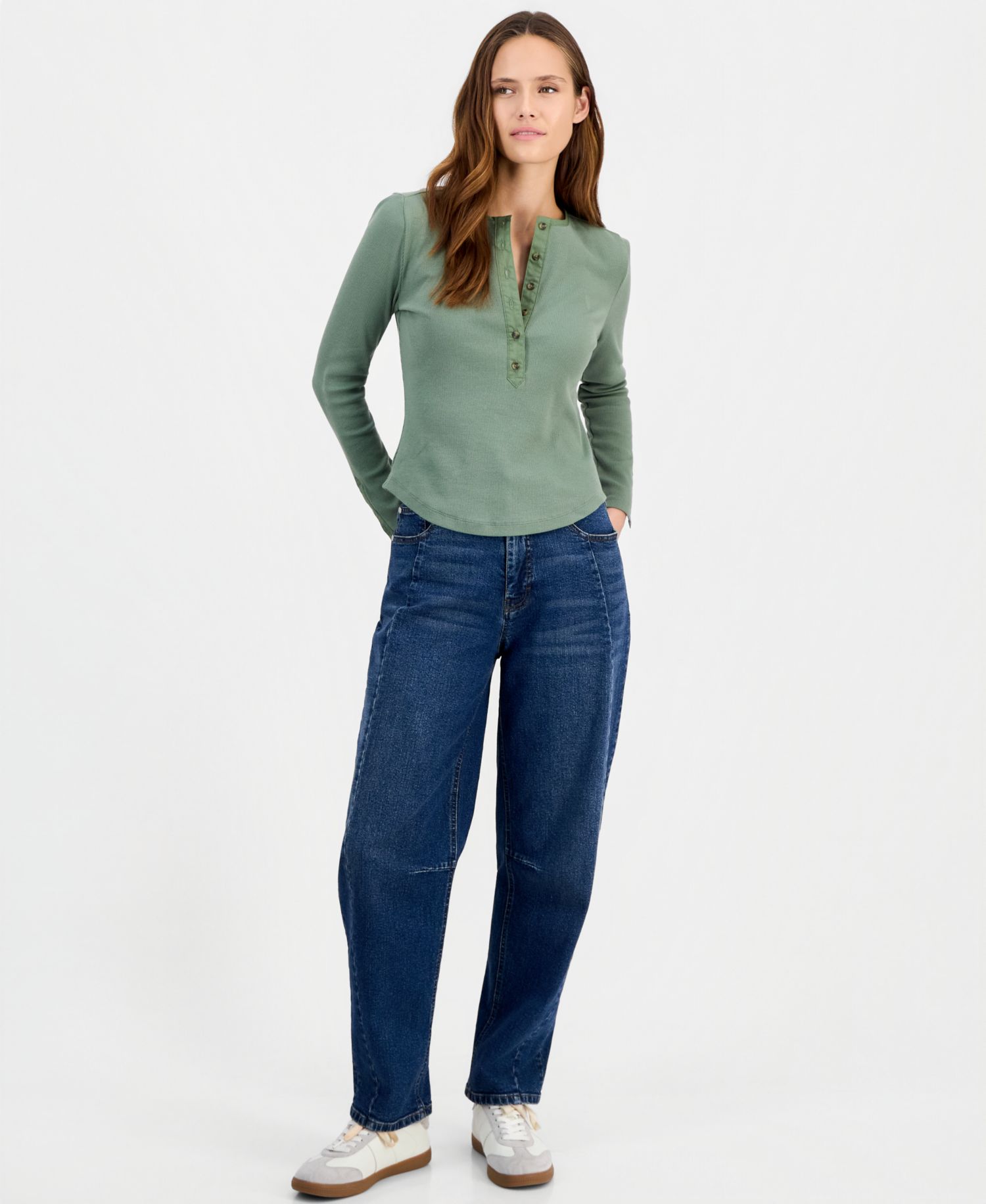 Women's Long Sleeve Ribbed Henley Top