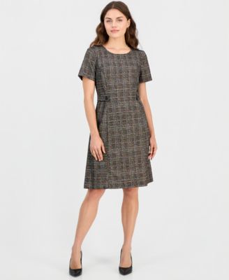 Petite Tweed Plaid Short-Sleeve Shift Dress