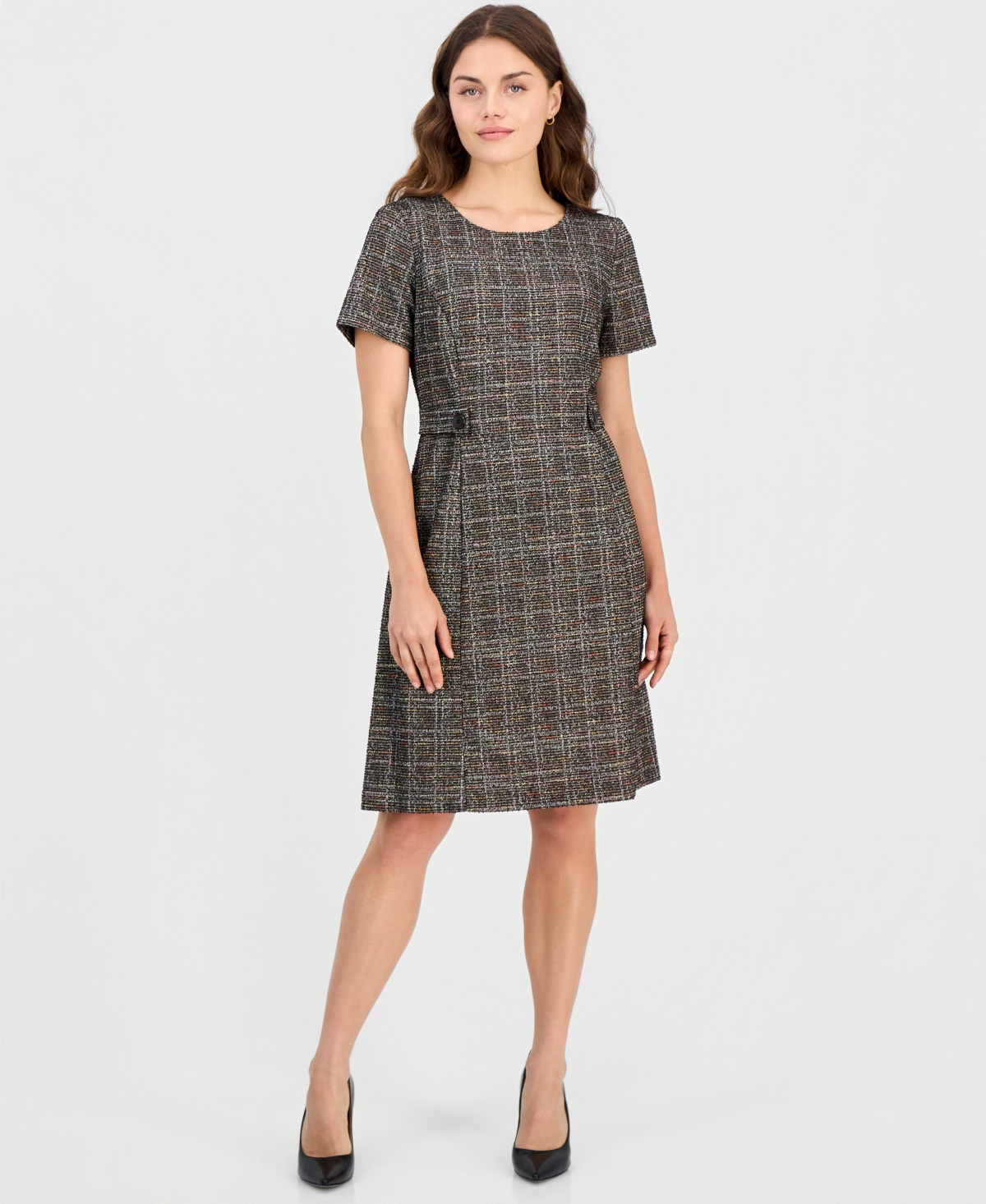Connected Petite Tweed Plaid Short-sleeve Shift Dress In Brown