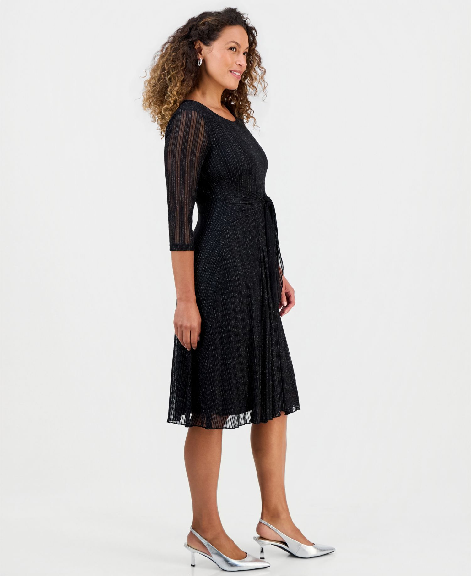 Petite Mesh Tie-Waist 3/4-Sleeve Midi Dress