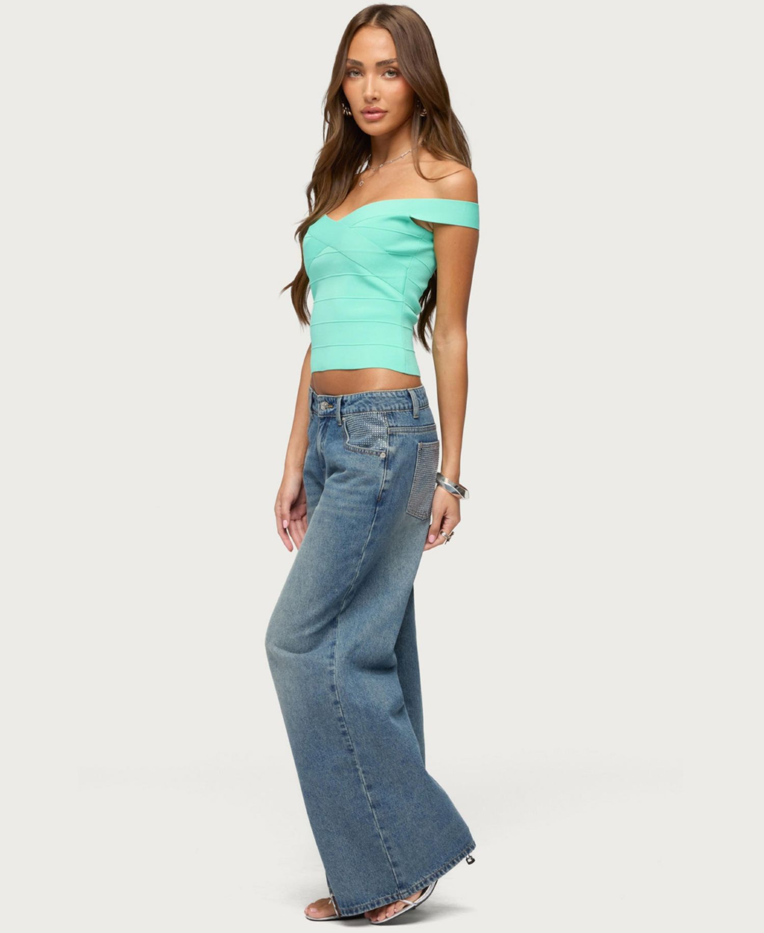 Women's Low-Rise Wide-Leg Rhinestone Jeans, 32" Inseam