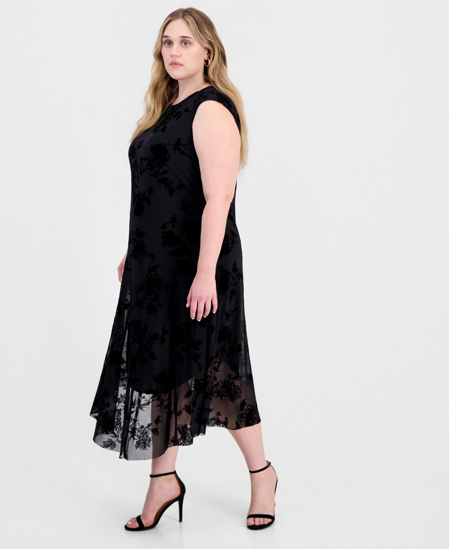 Petite Flocked Velvet Hankie Midi Dress