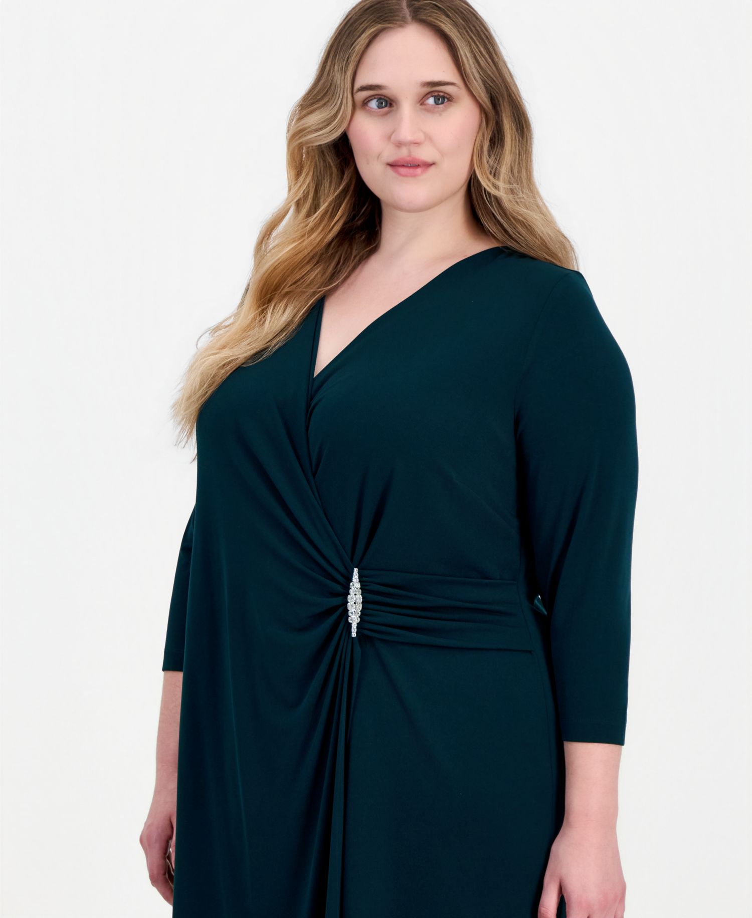 Petite Solid Jersey Mock Wrap V-Neck 3/4 Sleeve Dress