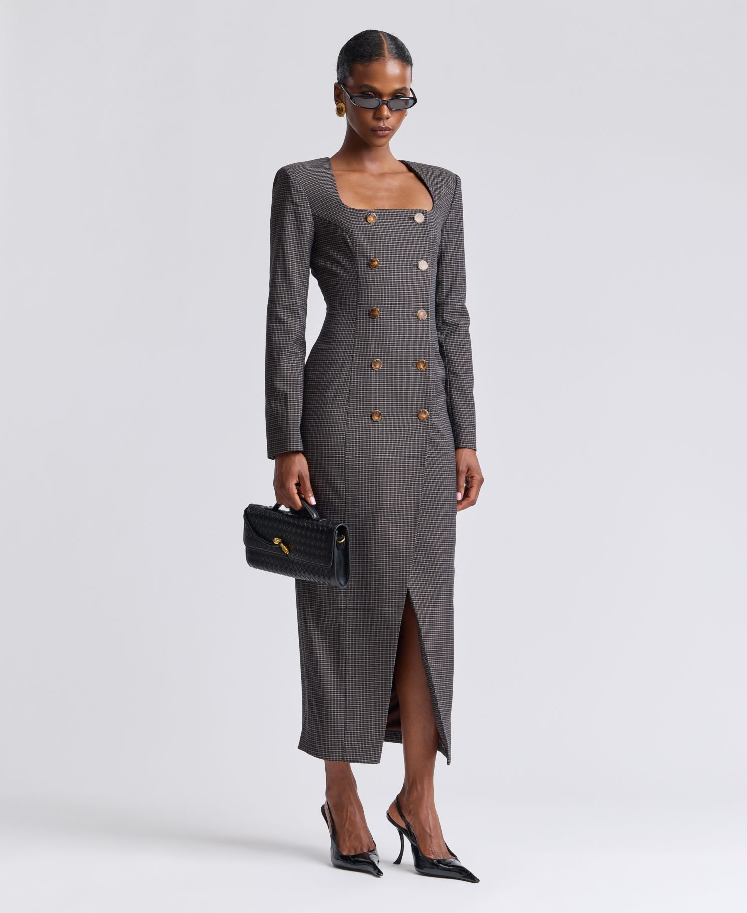Women's Plaid Long-Sleeve Double-Breasted Midi Dress