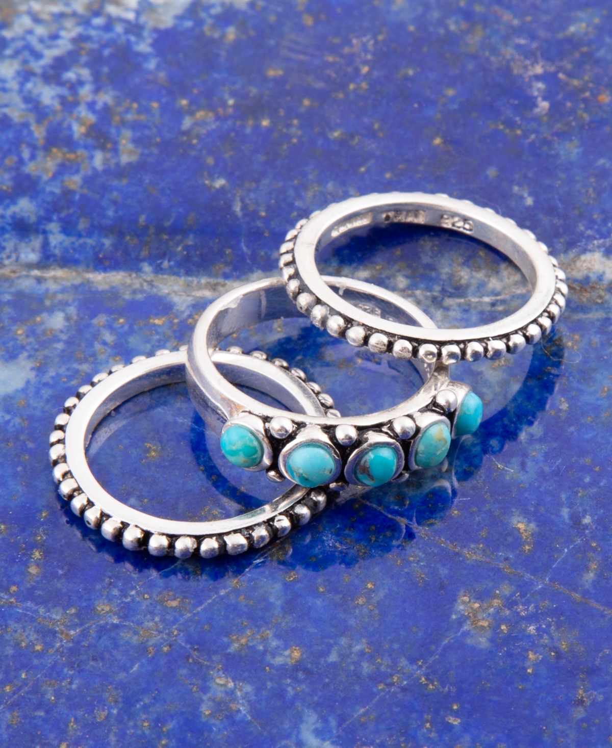 Barse Triple Blue Turquoise and Silver Stack Ring