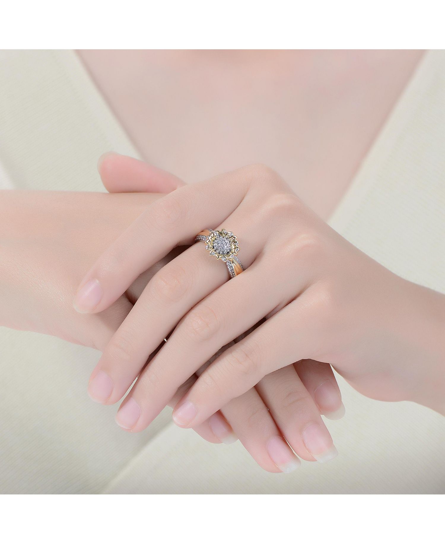 Unique Two-Tone Plated Radiant Pave CZ Floral Band Ring
