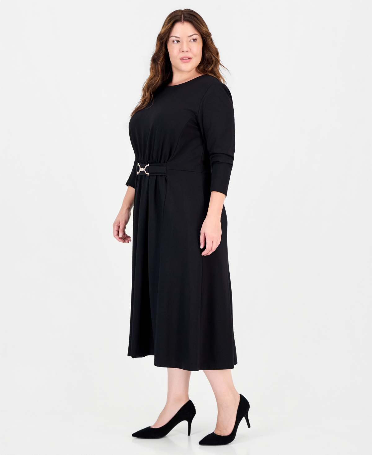 Anne Klein Plus Serenity Belted Scoop Neck A-Line Midi Dress