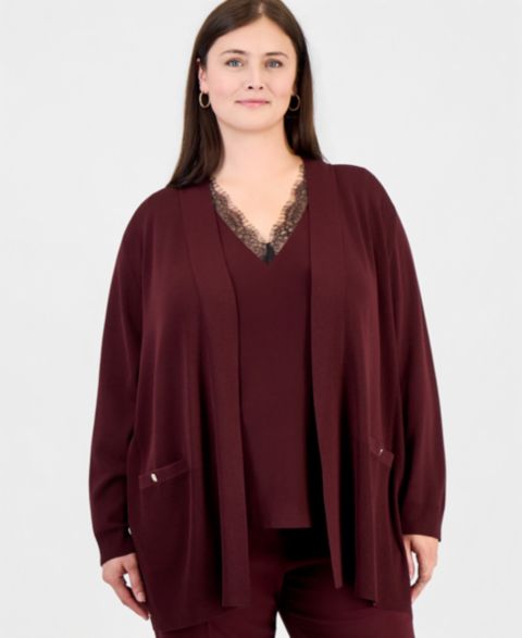 Женский кардиган Anne Klein Plus Size Collarless Open-Front, цвет: Barolo