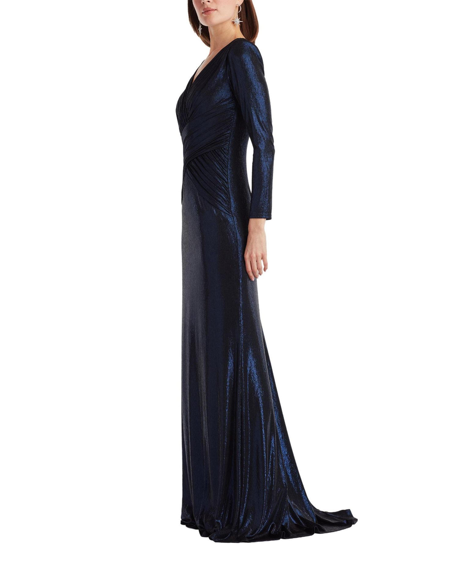 Women's Esau Metallic Crisscross Draped Long-Sleeve V-Neck Wedding Guest Gown