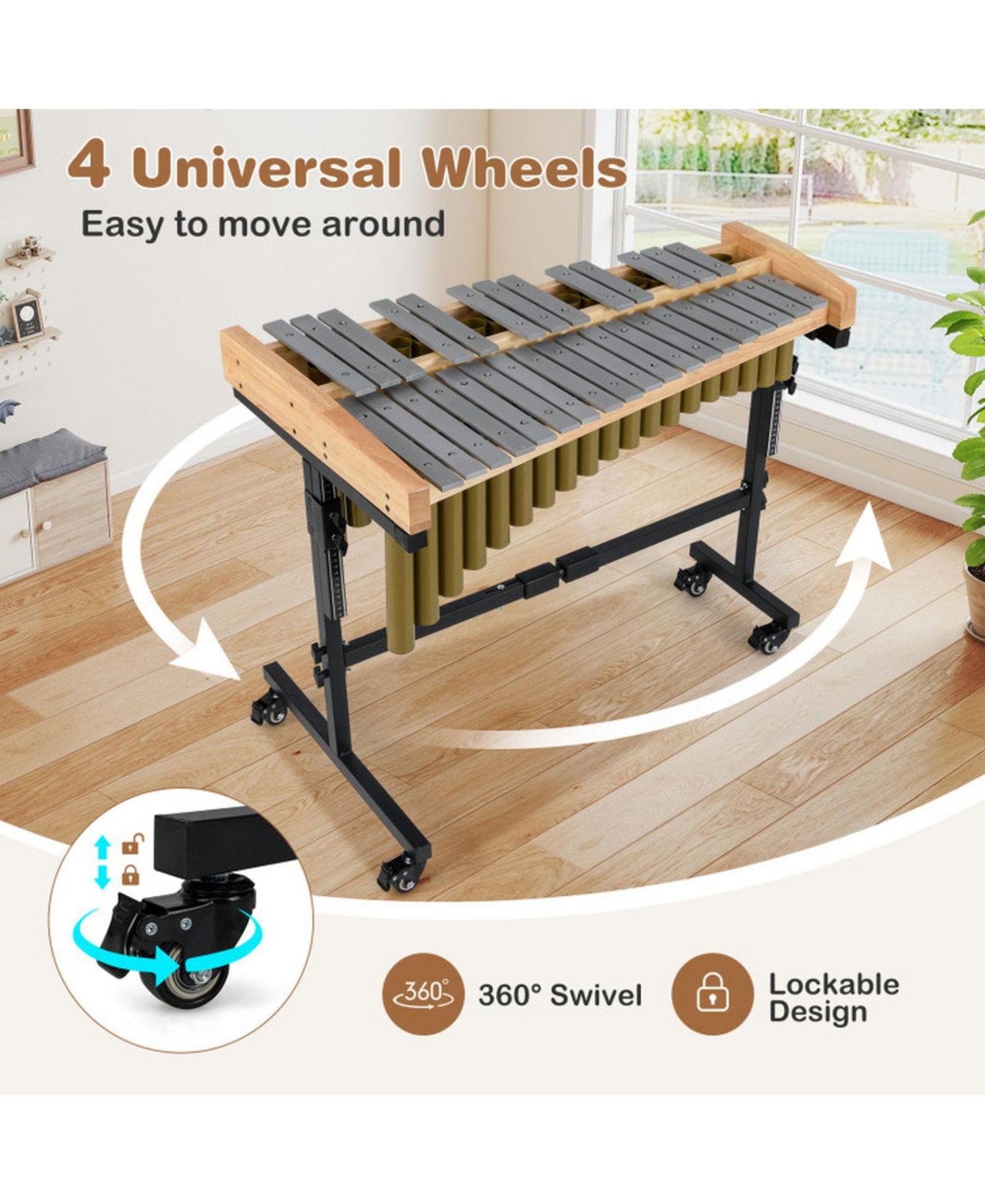 Детская игрушка HONGGE 32-Note Aluminum Marimba with Height-Adjustable Lockable Rolling Stand, цвет: Золотой / Коричневый — фото 8