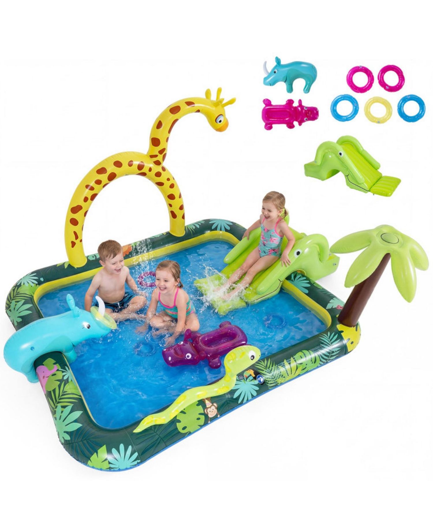 Jungle Animal Inflatable Spray Pool Play Center with Slide and Sprinkler Ages 2-6