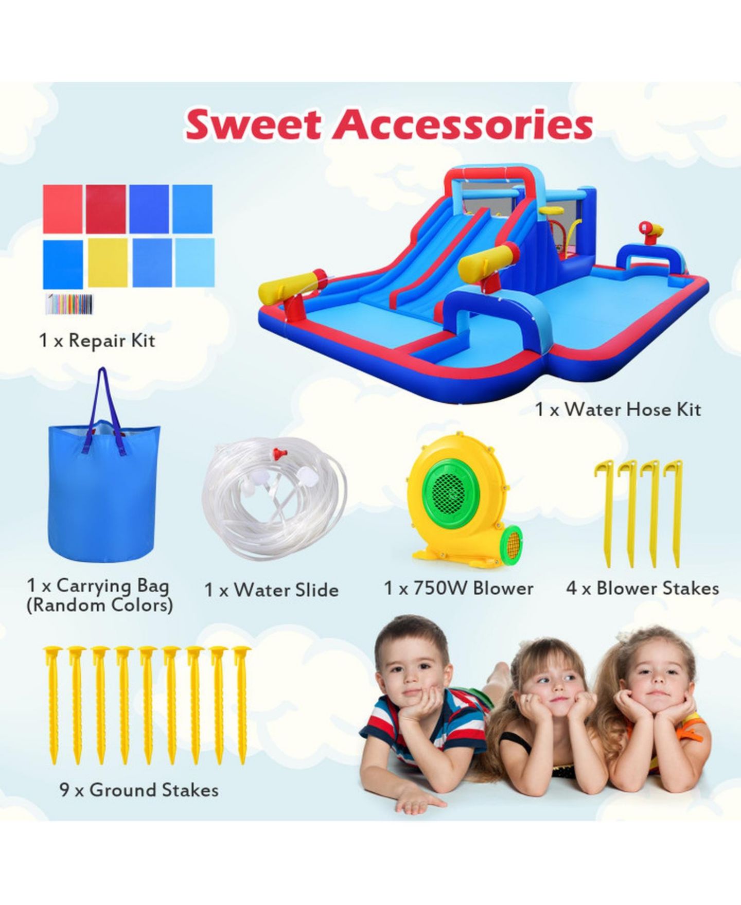 Детские игрушки HONGGE Giant Inflatable Water Slide Bounce House with Double Slides, Splash Pool, and 750W Blower, Ages 3-12, цвет: Синий — фото 7