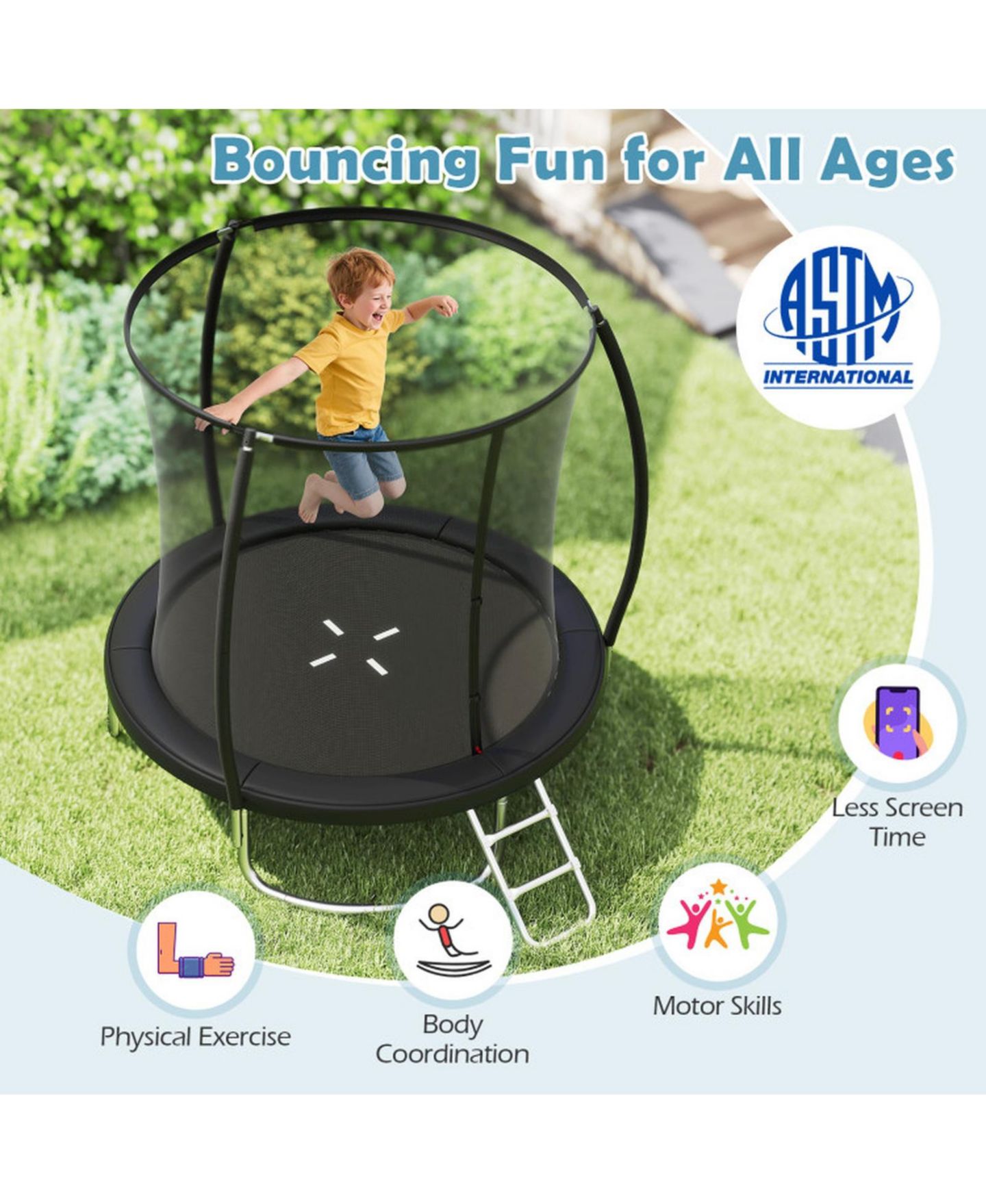 Детская игрушка HONGGE 8 ft Galvanized Steel Safety Enclosure Net Trampoline with Ladder, 880 lb Capacity, Ages 3+, цвет: Чёрный — фото 5