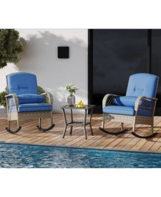 3-Piece Set Outdoor Wicker Rocking Chairs and Table, All-Weather Patio Rattan Rocker Chair with Cushions, Wicker Furniture for Porch
