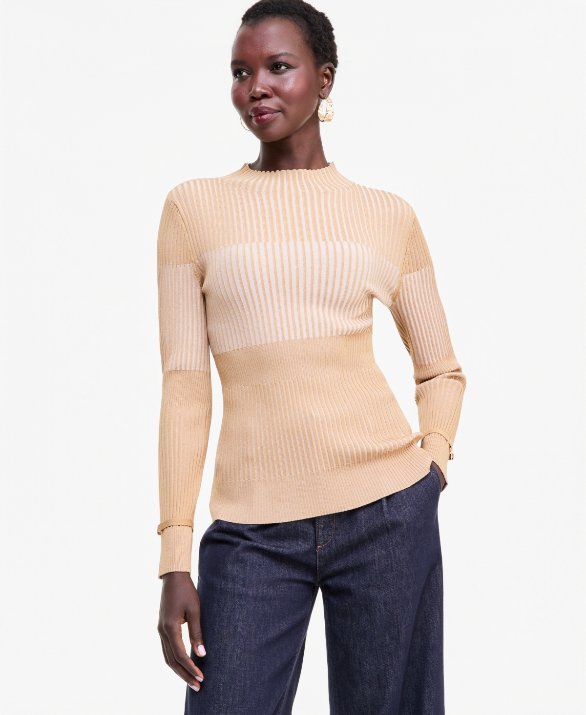 Inc International Concepts Women's Mock Neck Ribbed Long-sleeve Sweater, Macy's Exclusive In Warm Toffee