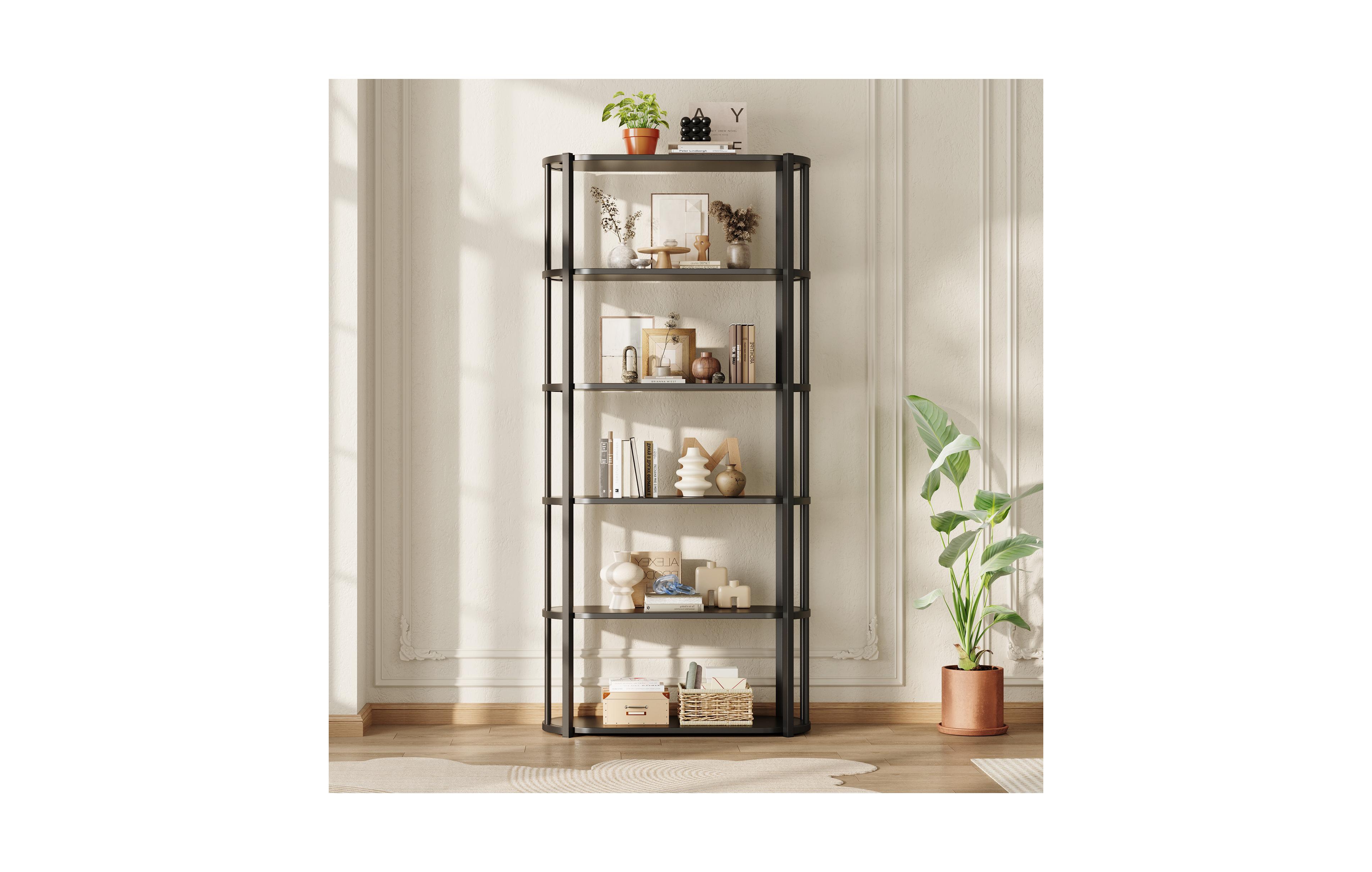 homfan Modern 71'' Tall 6-Tier Industrial Bookshelf, Sturdy Freestanding Metal Bookcase with Wooden Shelves, Open Storage Rack for Living Room,Bedroom