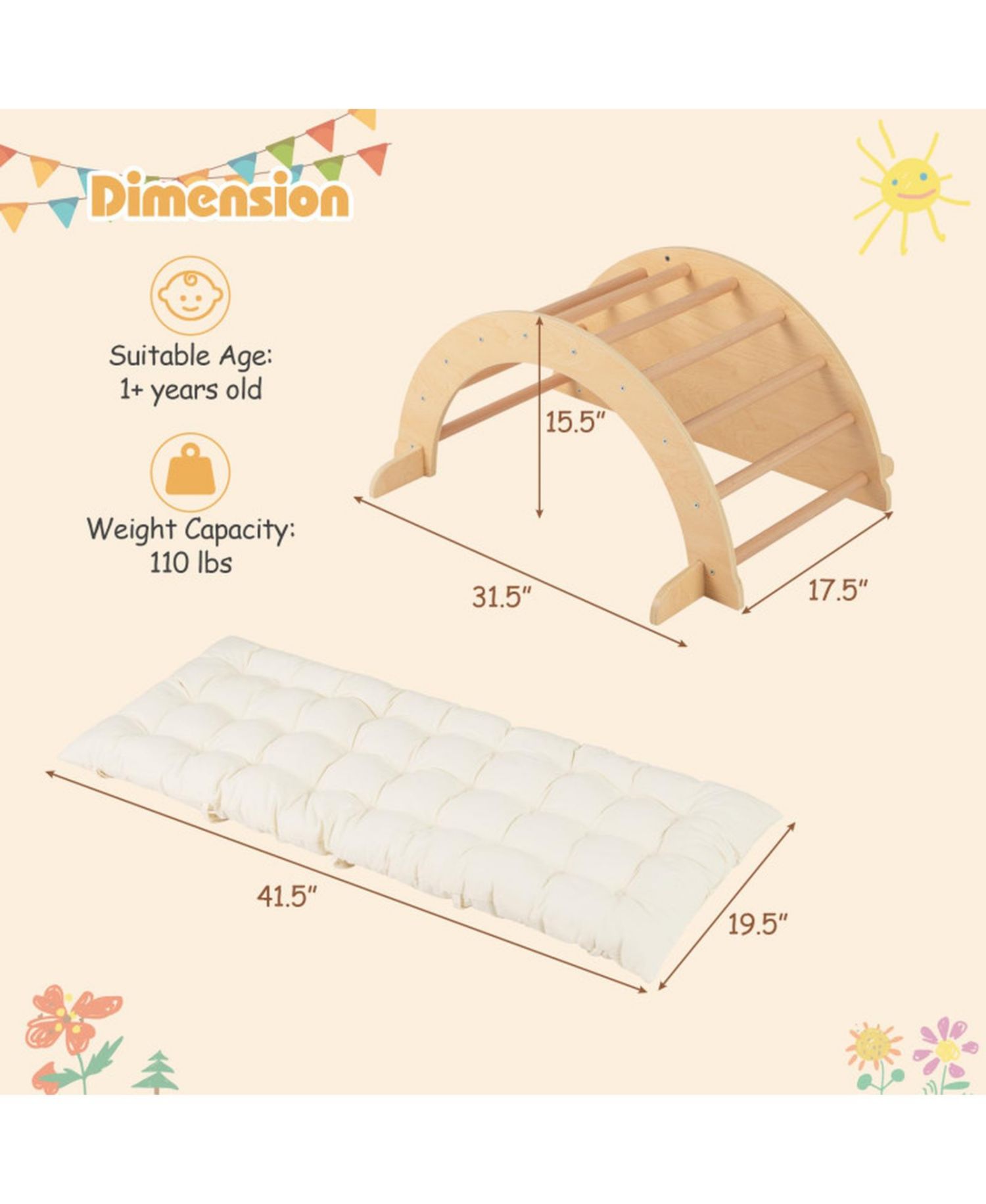 Ages 1+ Montessori Wooden Climbing Arch with Padded Cushion