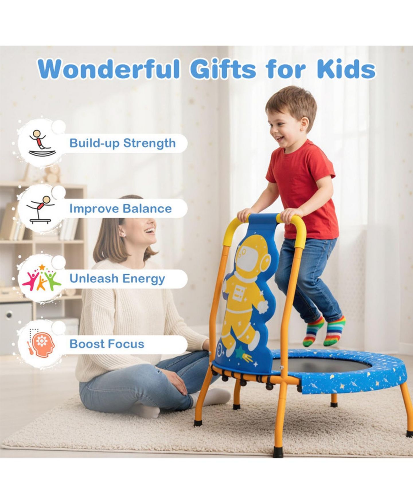 Детская игрушка HONGGE Mini Toddler Trampoline with Padded Handle, 28" × 30", 176 lb Capacity, Ages 3-6, цвет: Синий — фото 4