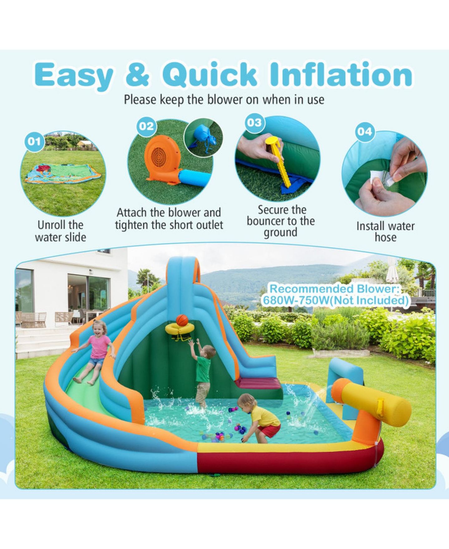 Детская игрушка HONGGE 6-in-1 Inflatable Water Slide Bounce House, 150" x 150", Ages 3-12, цвет: Синий — фото 7