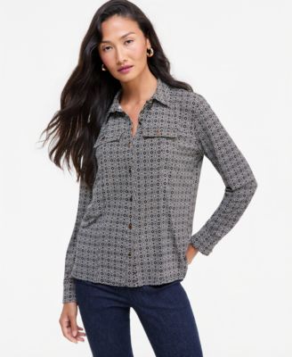 Women's Utility Printed Long-Sleeve Button-Up Blouse